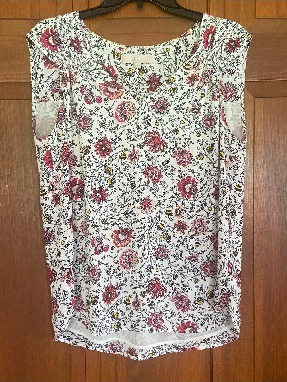 LOFT White Floral Cap-Sleeve Blouse with Pink and Yellow Accents